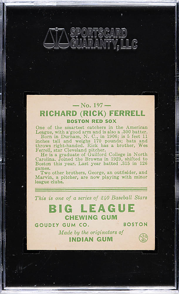 1933 R319 Goudey #197 Rick Ferrell SGC EX/NM 80