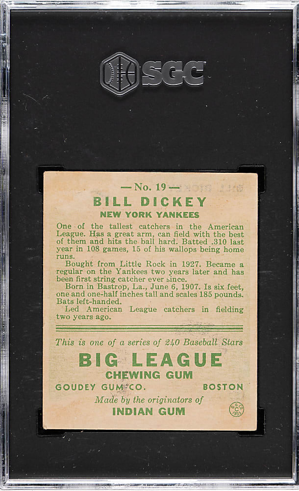1933 R319 Goudey #19 Bill Dickey SGC VG/EX 4
