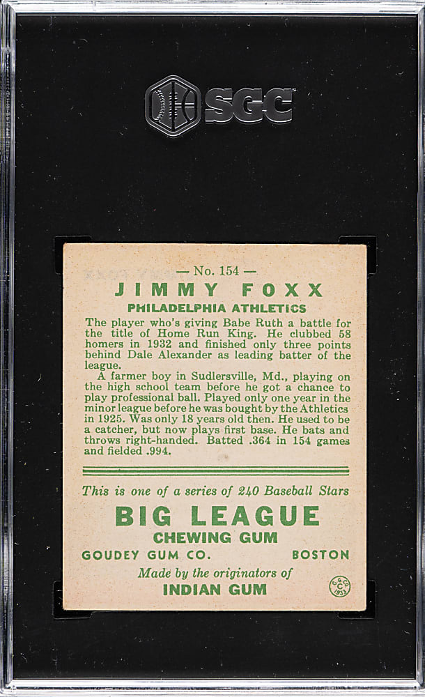 1933 R319 Goudey #154 Jimmie Foxx SGC VG/EX+ 4.5