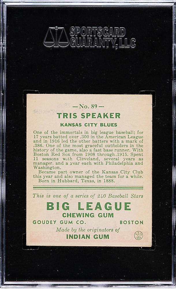 1933 R319 Goudey #89 Tris Speaker SGC EX 60
