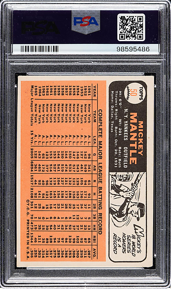 1966 Topps #50 Mickey Mantle PSA VG 3