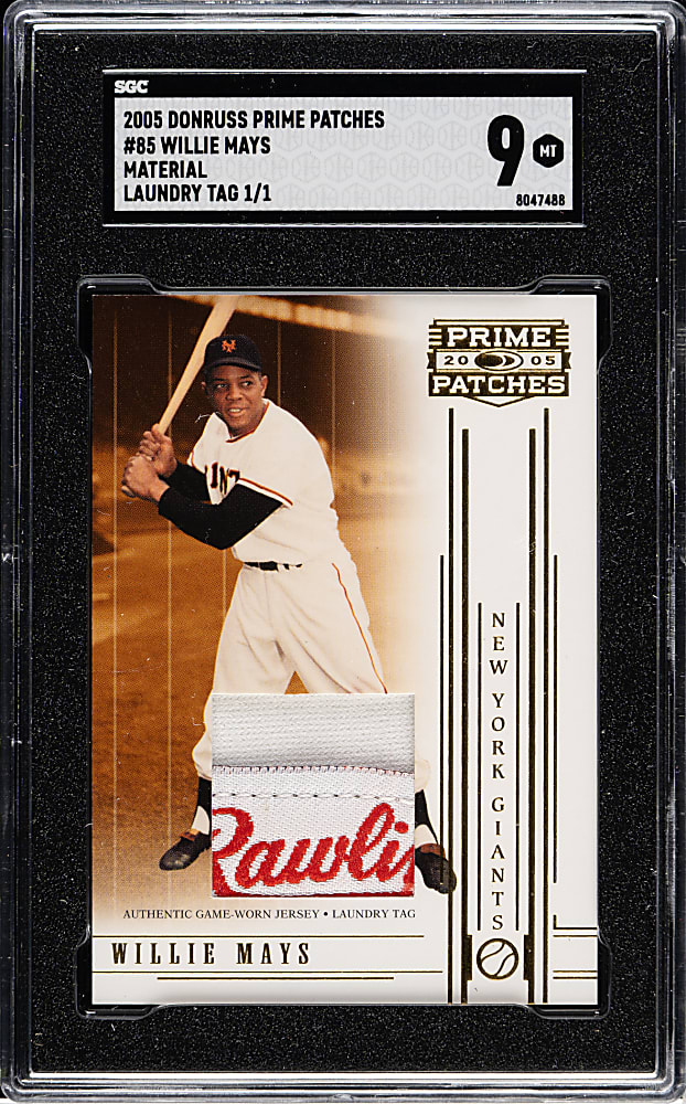 2005 Donruss Prime Patches Material Laundry Tag #85 Willie Mays #1/1 SGC MINT 9