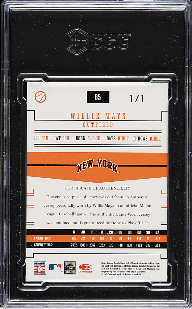 2005 Donruss Prime Patches Material Laundry Tag #85 Willie Mays #1/1 SGC MINT 9