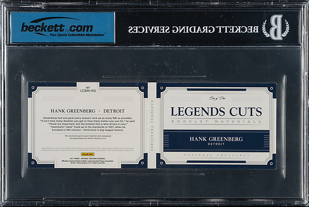 2017 National Treasures Legends Cuts Booklet Materials #12 Hank Greenberg #1/1 - Beckett