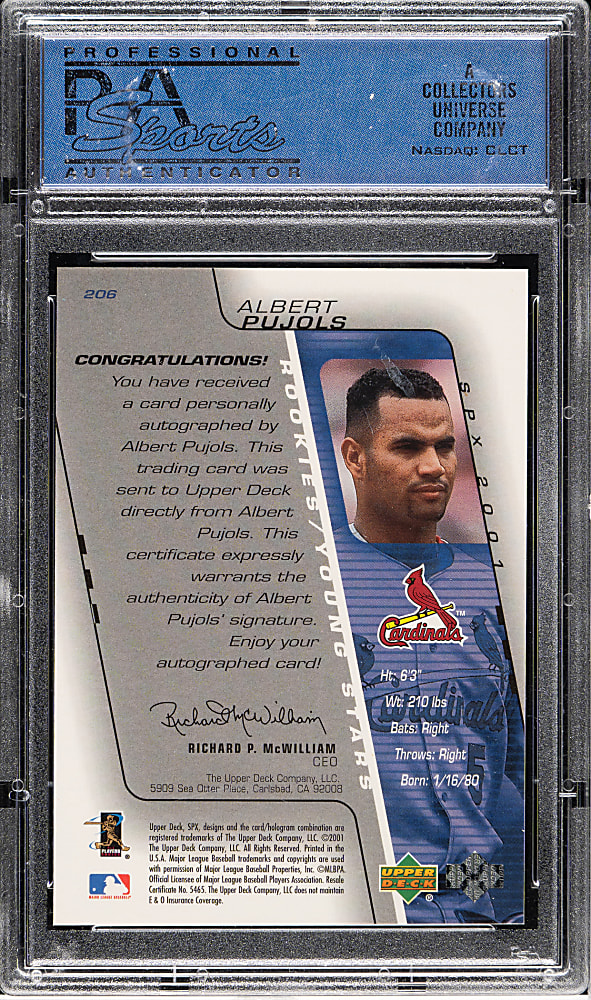 2001 Upper Deck SPx #206 Albert Pujols Rookie Autograph #966/1,500 PSA GEM MINT 10