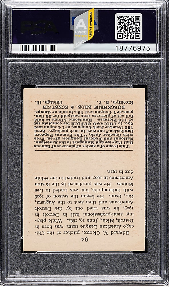 1915 E145 Cracker Jack #94 Edward Cicotte PSA EX 5