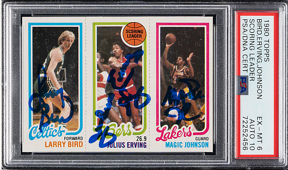 Signed 1980-1981 Topps Basketball Larry Bird/Julius Erving/Magic Johnson Rookie PSA EX-MT 6 with GEM MINT 10 Signature