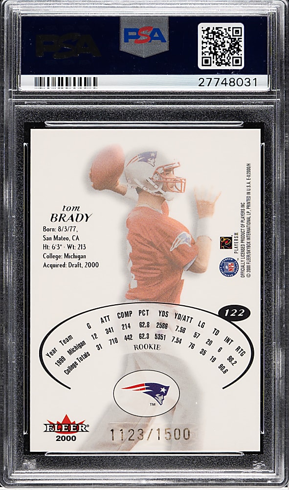 2000 Fleer E-X Football #122 Tom Brady Rookie #1,123/1,500 PSA MINT 9