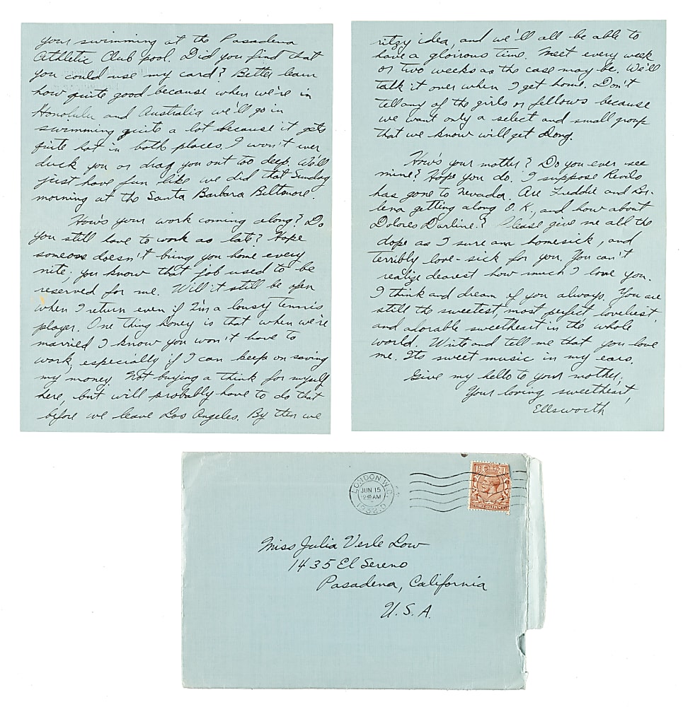 June 14, 1932 Ellsworth Vines Handwritten and Signed Letter to Girlfriend - Wimbledon Winning Year!