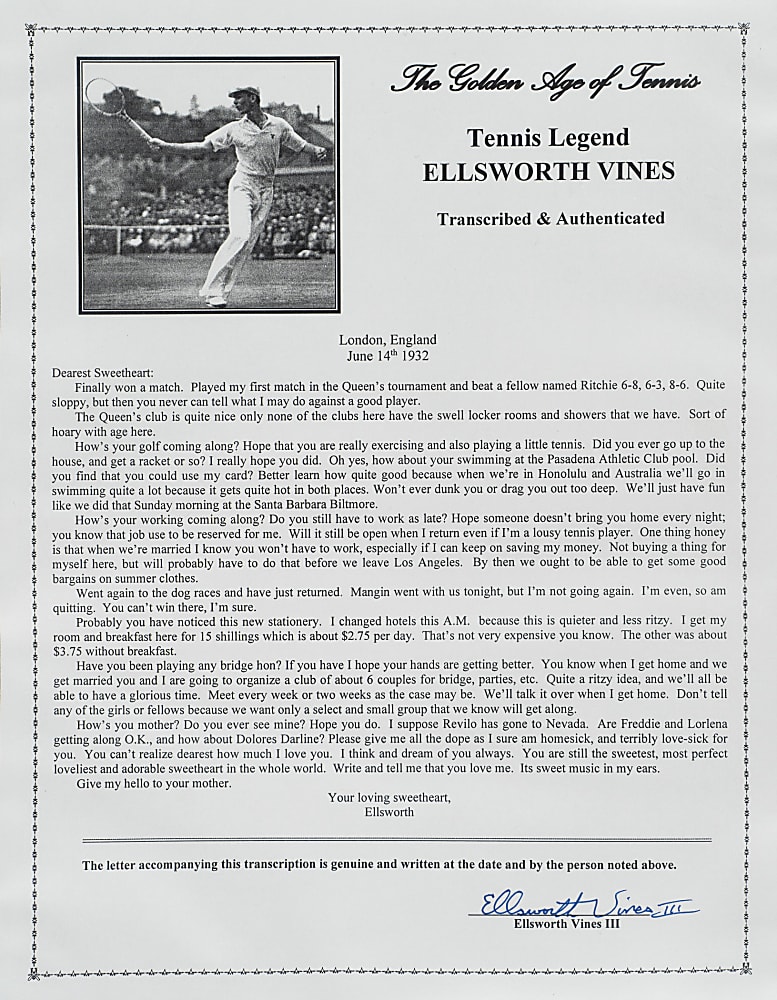 June 14, 1932 Ellsworth Vines Handwritten and Signed Letter to Girlfriend - Wimbledon Winning Year!