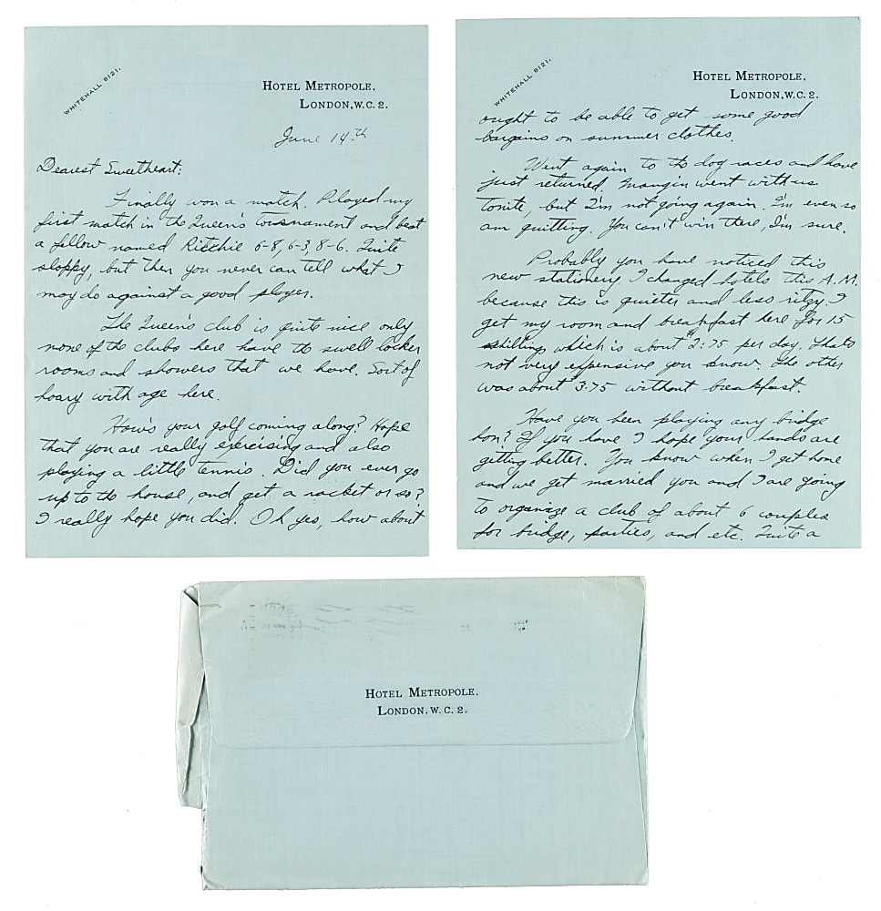 June 14, 1932 Ellsworth Vines Handwritten and Signed Letter to Girlfriend - Wimbledon Winning Year!