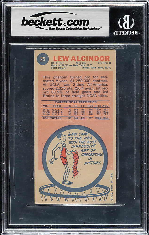 Signed 1969-1970 Topps Basketball #25 Lew Alcindor (Kareem Abdul-Jabbar) Rookie Beckett GEM MINT 10