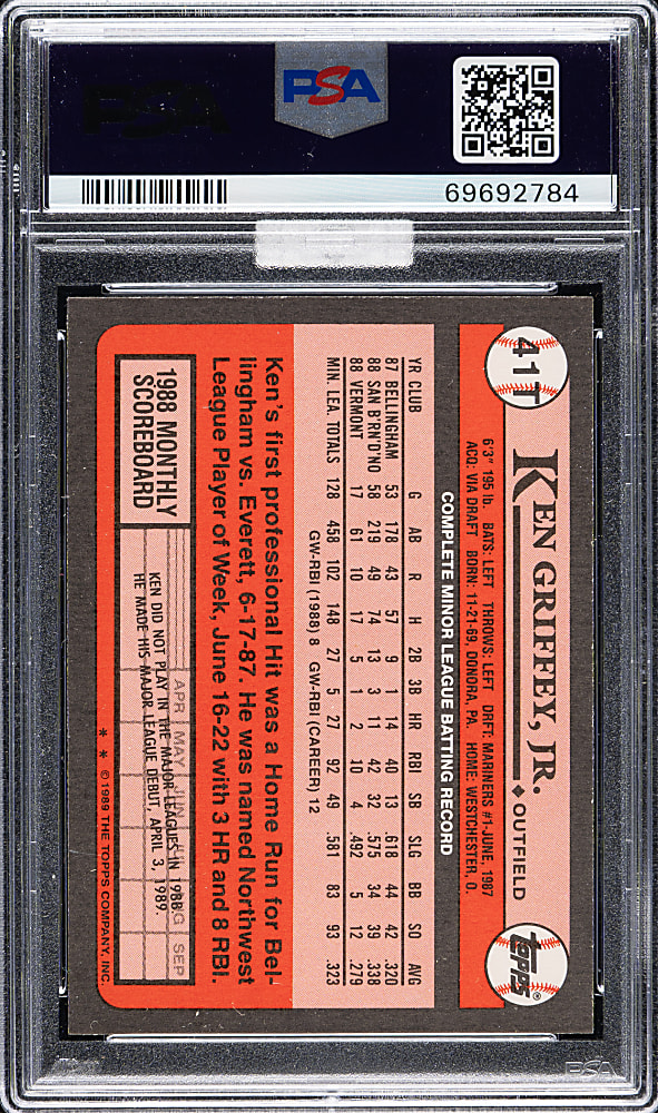 Signed 1989 Topps Traded #41T Ken Griffey Jr. Rookie PSA GEM MINT 10 (MBA Silver Diamond)
