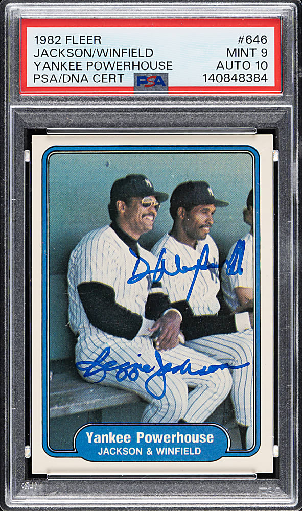Signed 1982 Fleer #646 Yankee Powerhouse with Reggie Jackson and Dave Winfield PSA MINT 9 with GEM MINT 10 Signatures