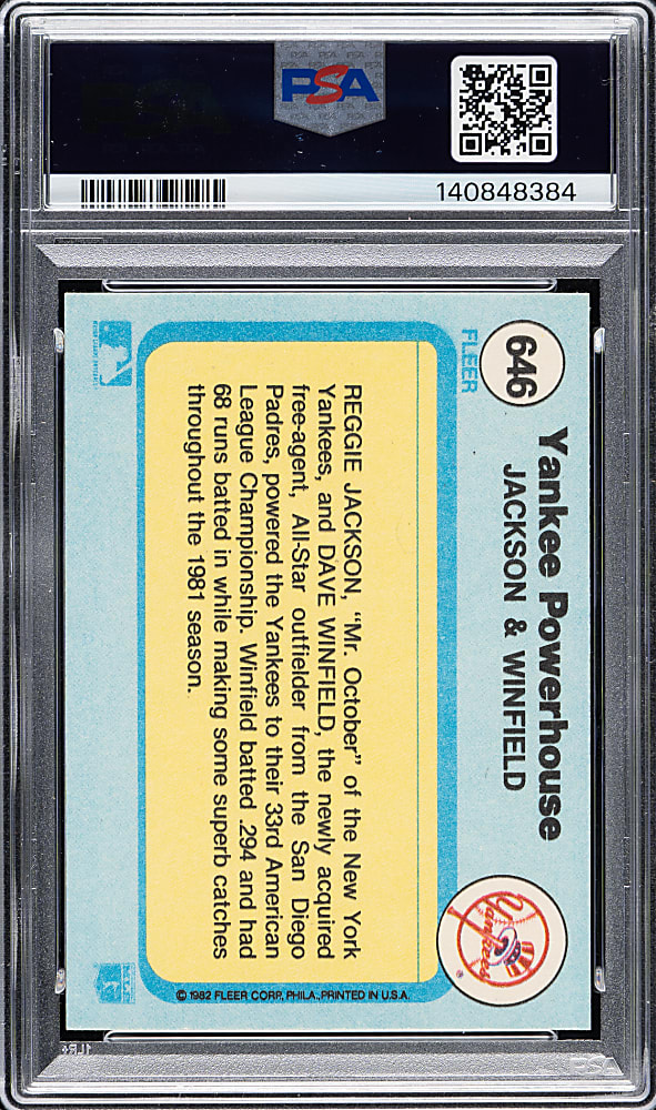 Signed 1982 Fleer #646 Yankee Powerhouse with Reggie Jackson and Dave Winfield PSA MINT 9 with GEM MINT 10 Signatures