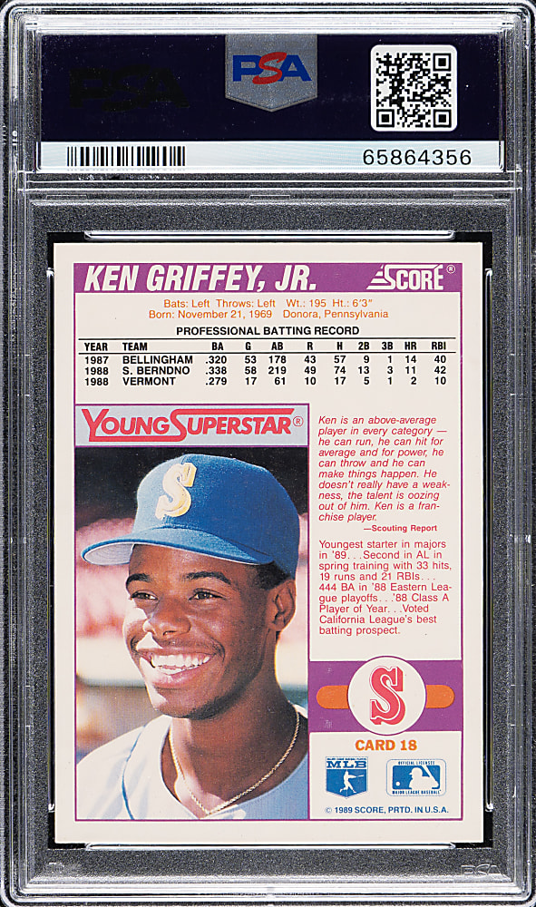Signed 1989 Score Young Superstar Second Series #18 Ken Griffey Jr. Rookie PSA GEM MINT 10