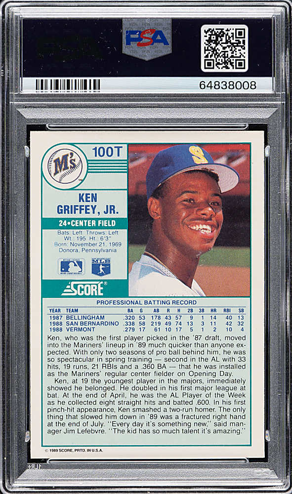 Signed 1989 Score Traded #100T Ken Griffey Jr. Rookie PSA GEM MINT 10