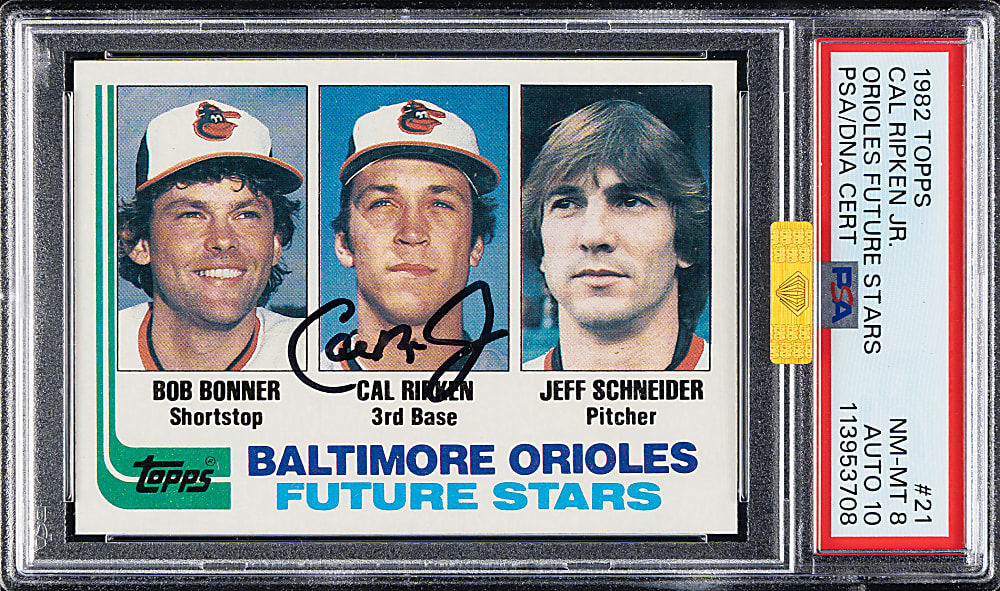 Signed 1982 Topps #21 Cal Ripken Jr. Rookie PSA NM-MT 8 with GEM MINT 10 Signature (MBA Gold Diamond)