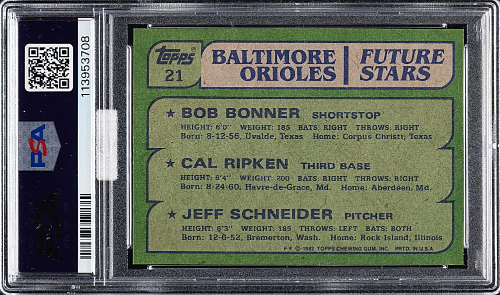 Signed 1982 Topps #21 Cal Ripken Jr. Rookie PSA NM-MT 8 with GEM MINT 10 Signature (MBA Gold Diamond)