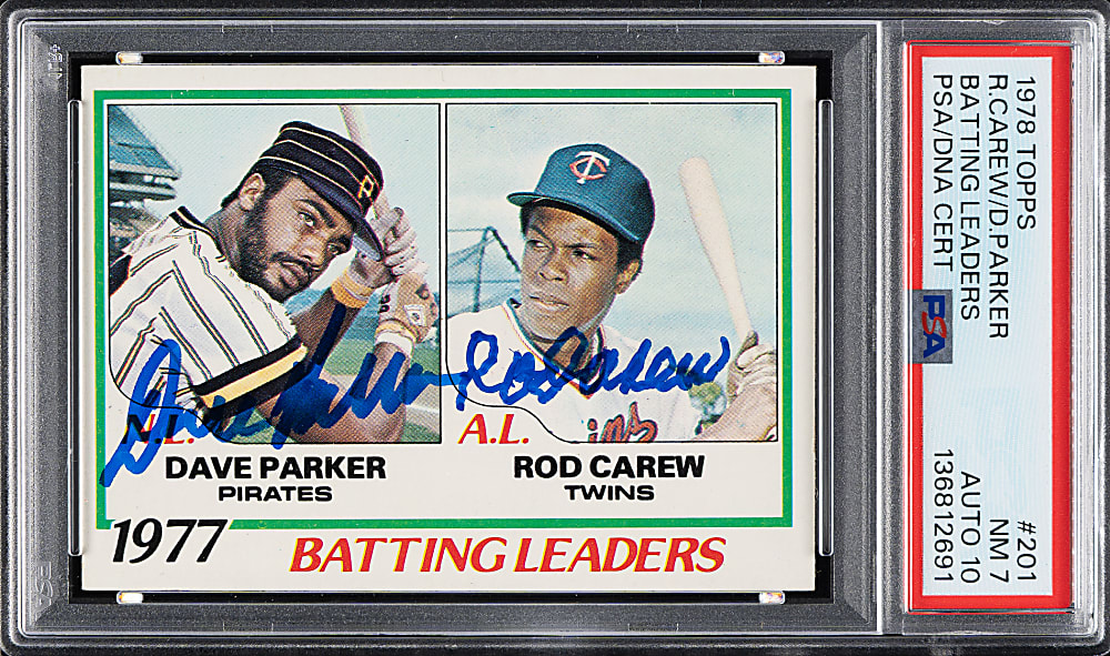 Signed 1978 Topps #201 Batting Leaders with Dave Parker and Rod Carew PSA NM 7 with GEM MINT 10 Signatures