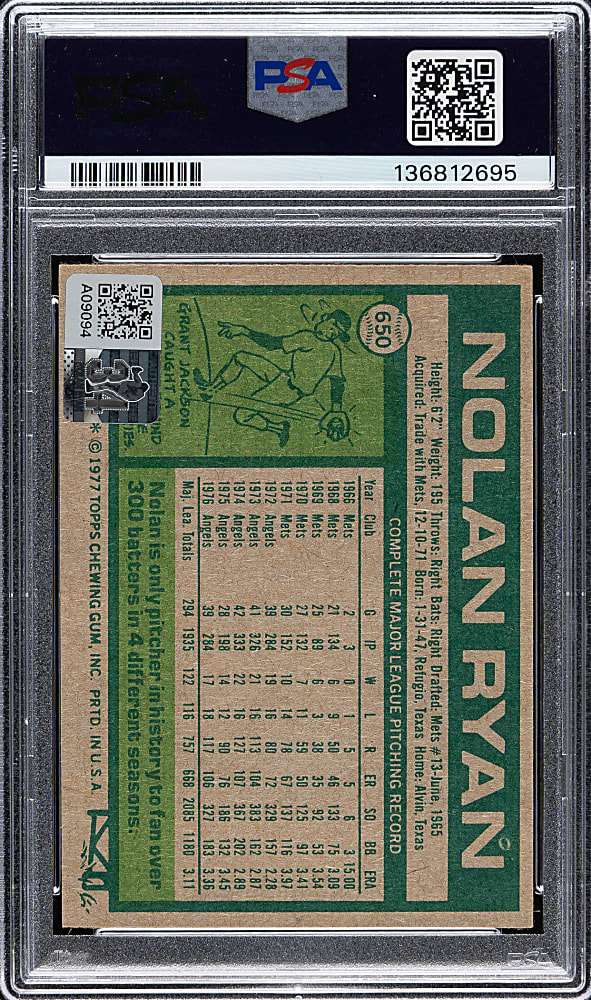 Signed 1977 Topps #650 Nolan Ryan PSA NM 7 with GEM MINT 10 Signature