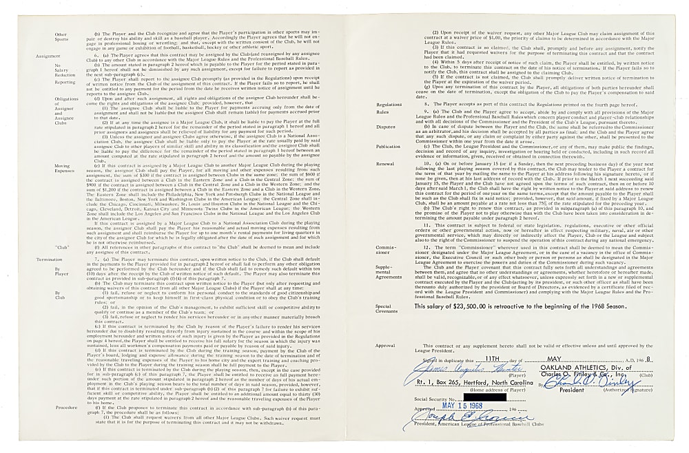 1968 Jim "Catfish" Hunter Signed Oakland Athletics Contract