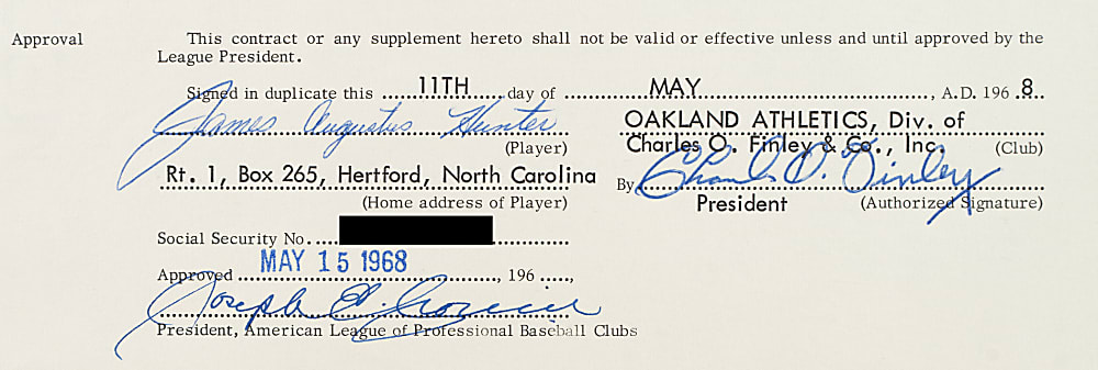 1968 Jim "Catfish" Hunter Signed Oakland Athletics Contract