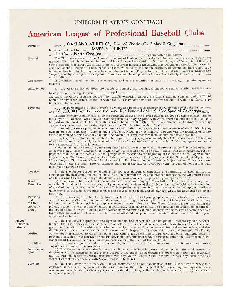 1968 Jim "Catfish" Hunter Signed Oakland Athletics Contract