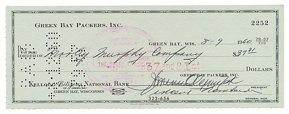 1960 Vince Lombardi Signed Green Bay Packers Check - JSA
