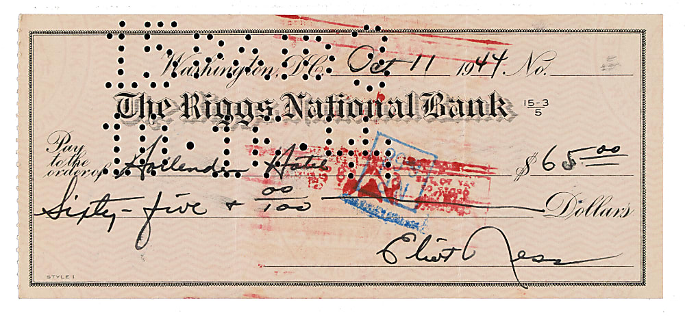 1944 Eliot Ness Signed Check - JSA - Prohibition Agent Against Al Capone and Author of "The Untouchables"