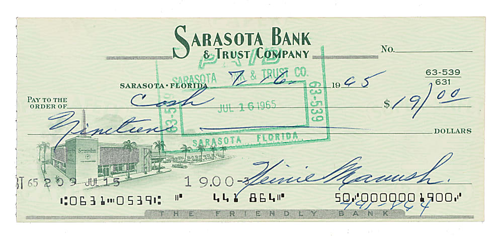1965 Heinie Manush Signed Check