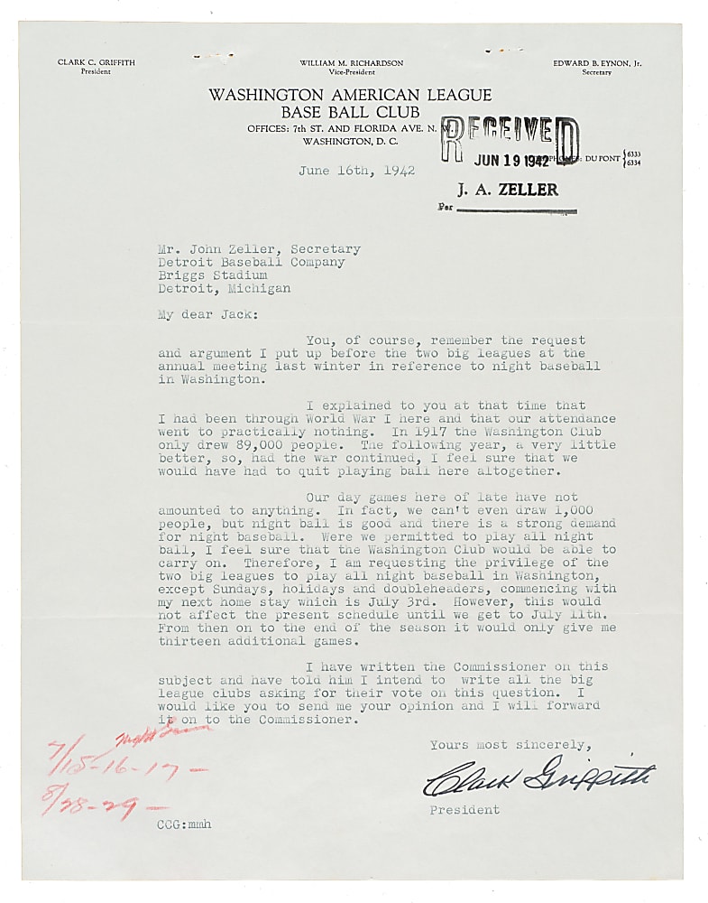 1942 Clark Griffith Signed Letter with Night Baseball Content