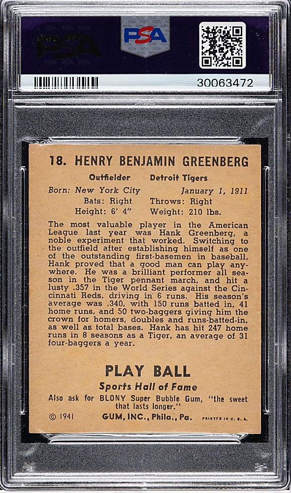 1941 R336 Play Ball #18 Hank Greenberg PSA NM-MT 8