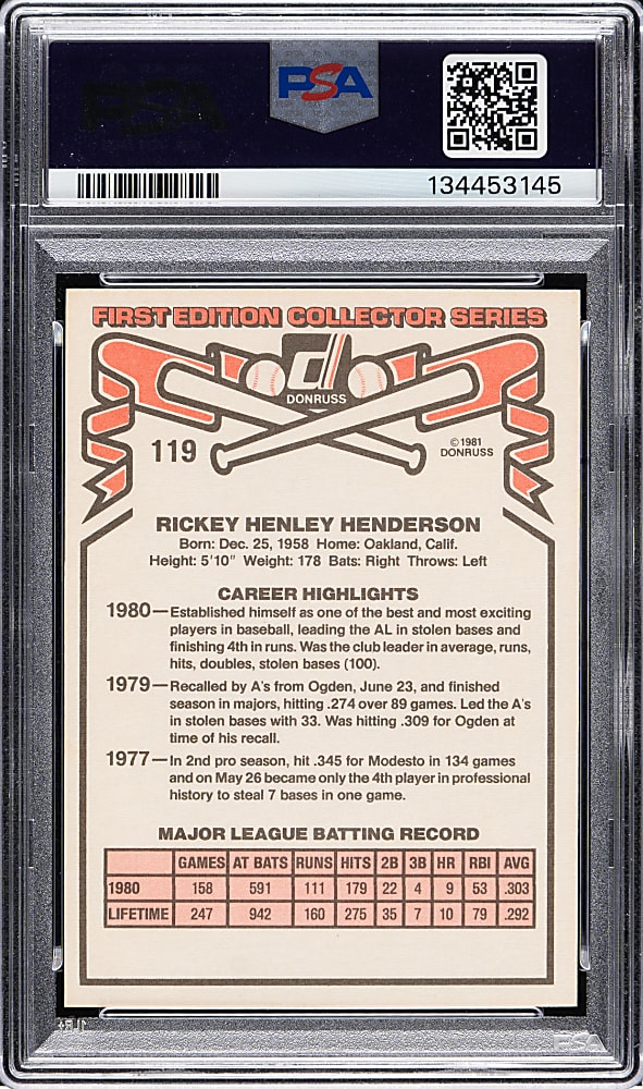 1981 Donruss #119 Rickey Henderson PSA GEM MINT 10