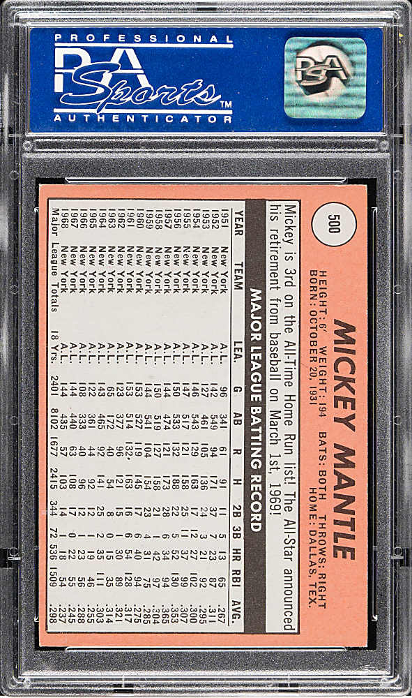 1969 Topps #500 Mickey Mantle PSA NM 7