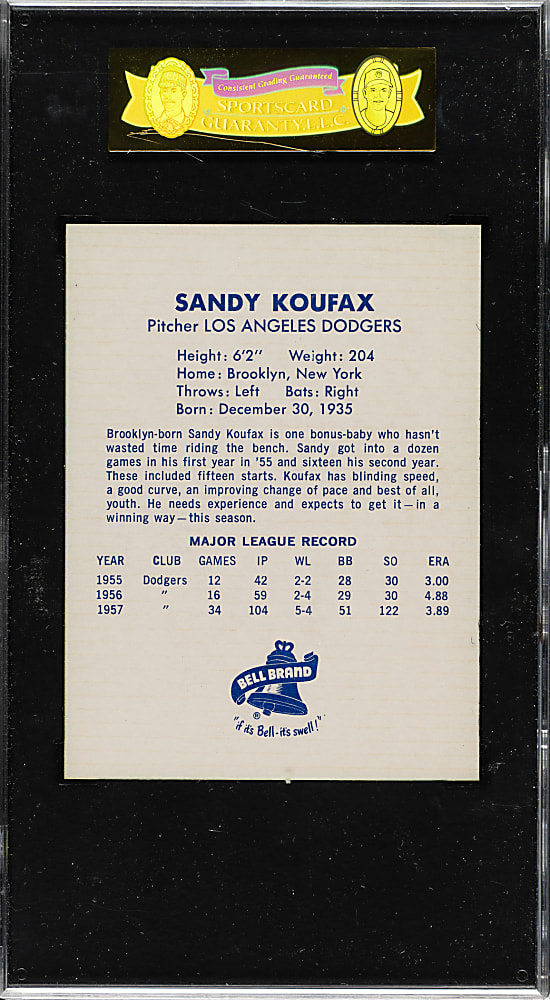 1958 Bell Brand Dodgers Sandy Koufax SGC NM+ 86