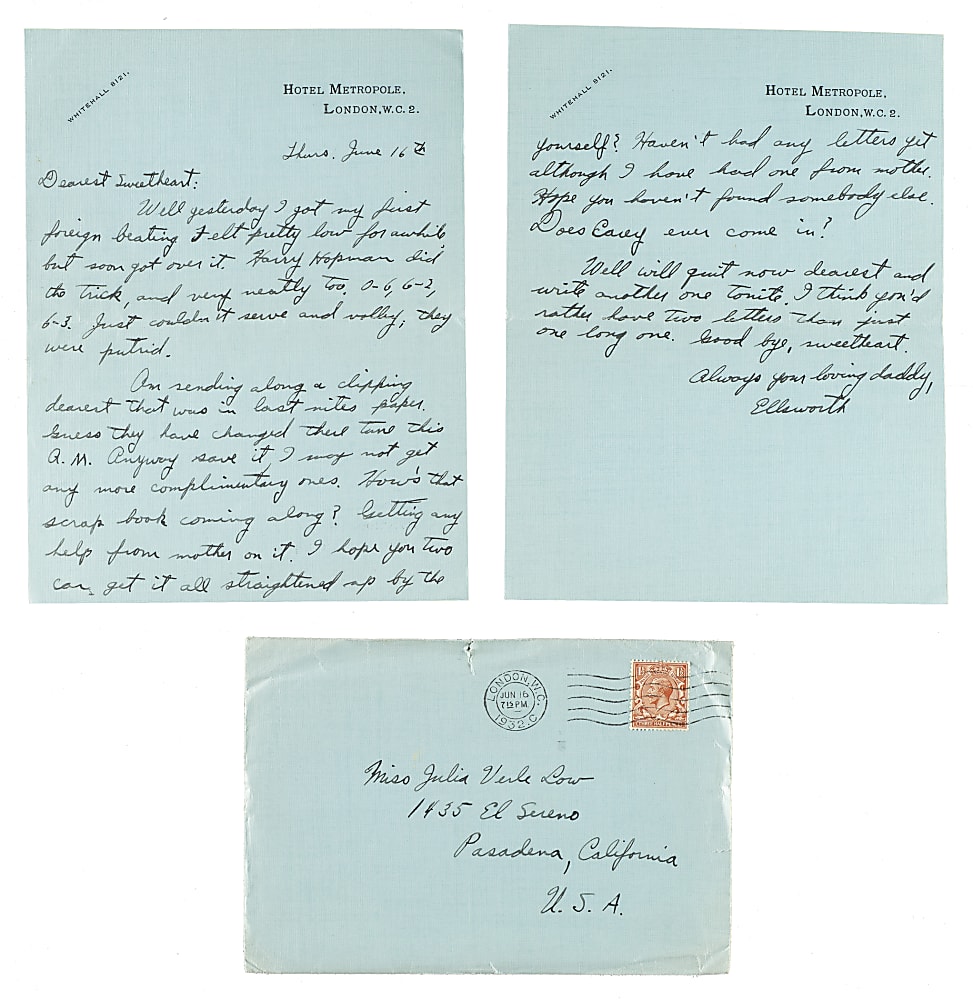 June 16, 1932 Ellsworth Vines Handwritten and Signed Letter to Girlfriend - Wimbledon Winning Year!