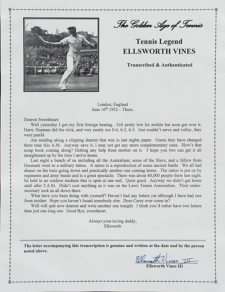 June 16, 1932 Ellsworth Vines Handwritten and Signed Letter to Girlfriend - Wimbledon Winning Year!