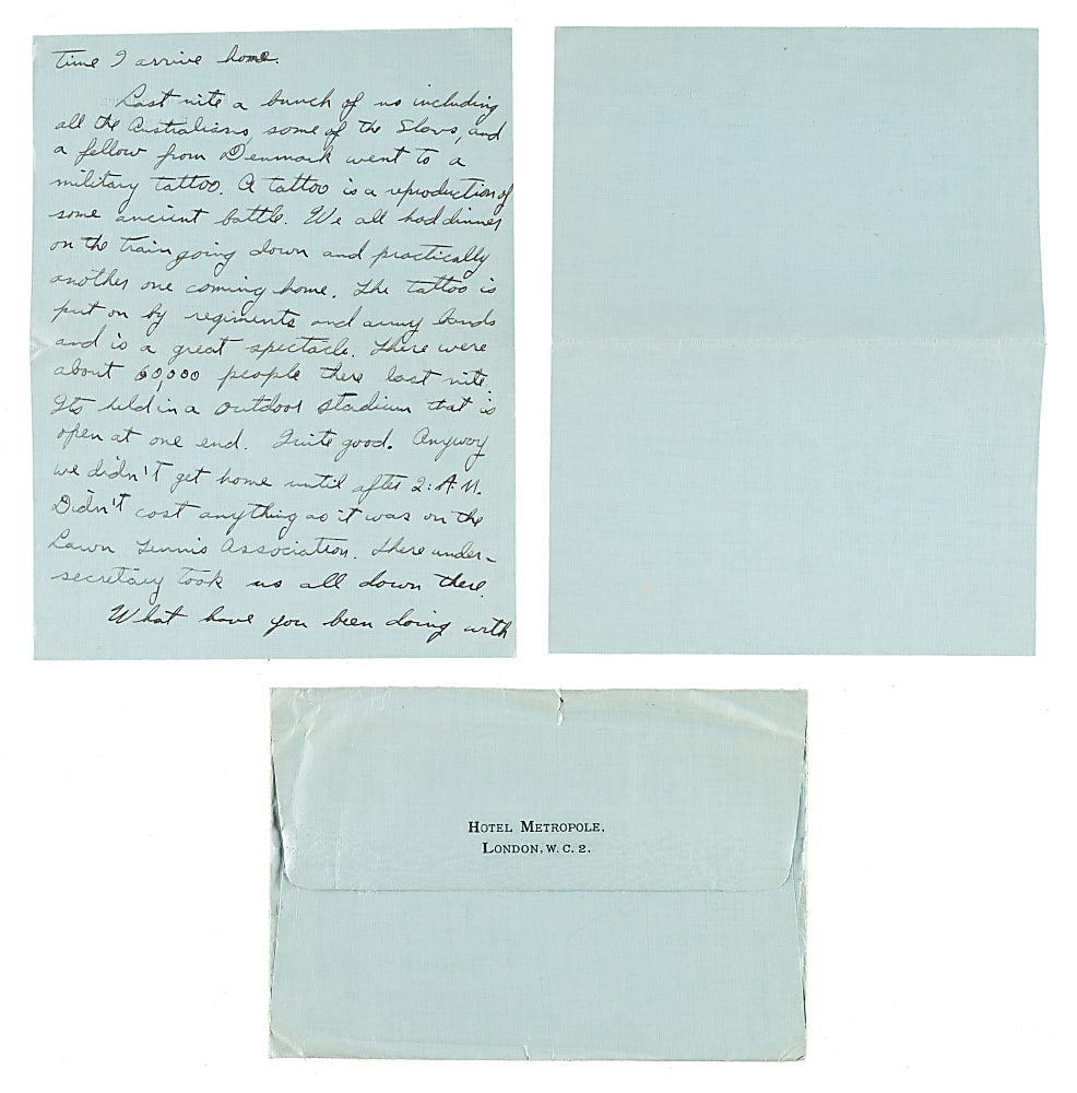 June 16, 1932 Ellsworth Vines Handwritten and Signed Letter to Girlfriend - Wimbledon Winning Year!