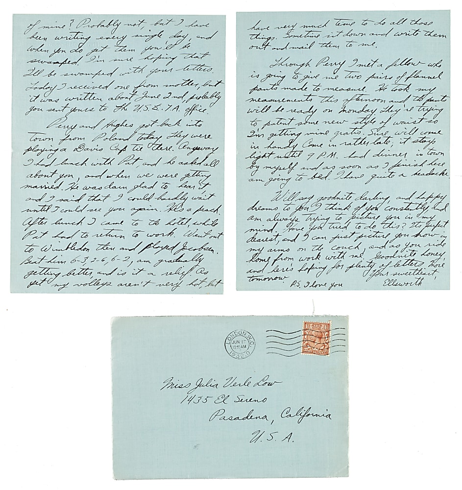 June 16, 1932 Ellsworth Vines Handwritten and Signed Letter to Girlfriend - Wimbledon Winning Year!