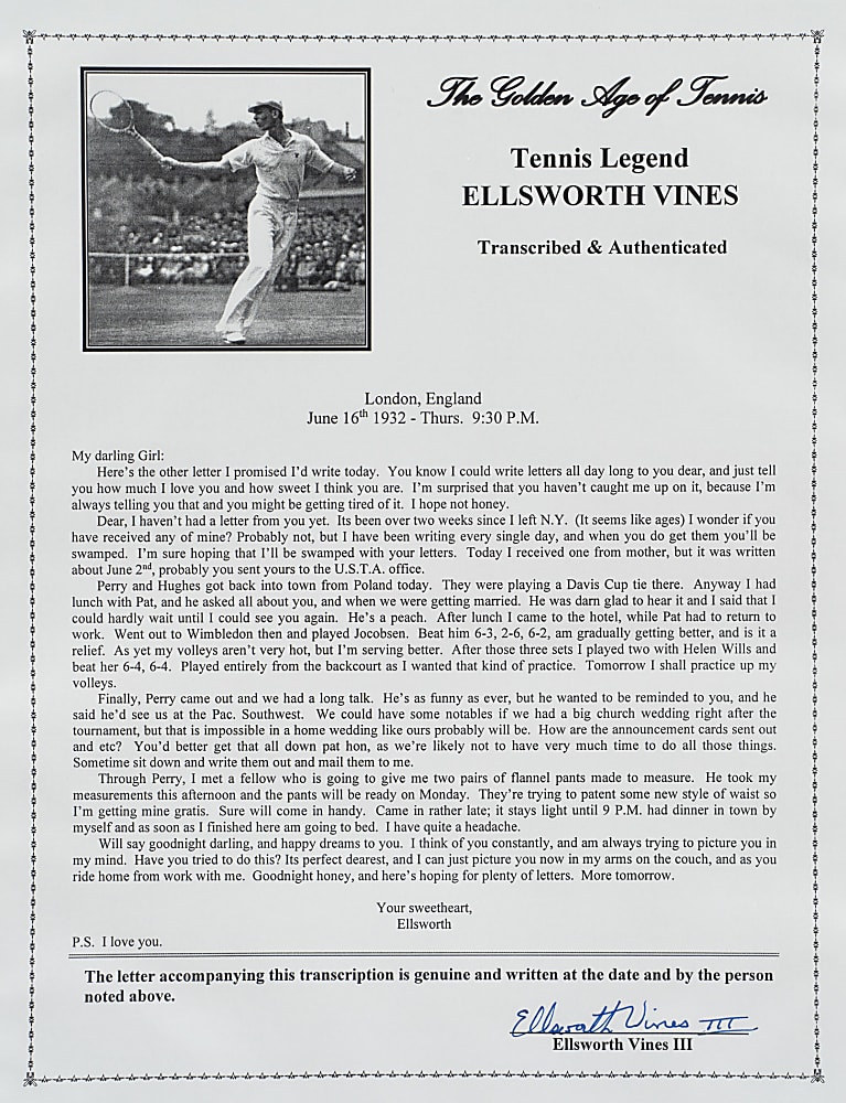June 16, 1932 Ellsworth Vines Handwritten and Signed Letter to Girlfriend - Wimbledon Winning Year!