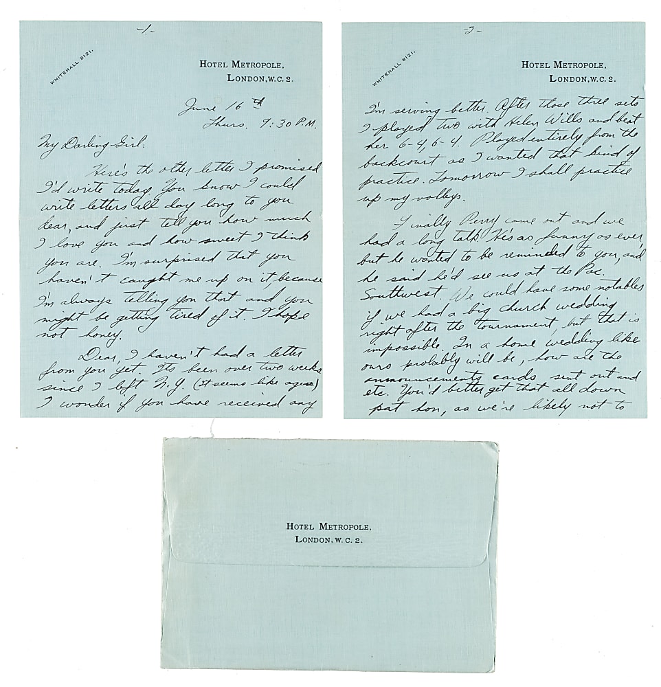 June 16, 1932 Ellsworth Vines Handwritten and Signed Letter to Girlfriend - Wimbledon Winning Year!