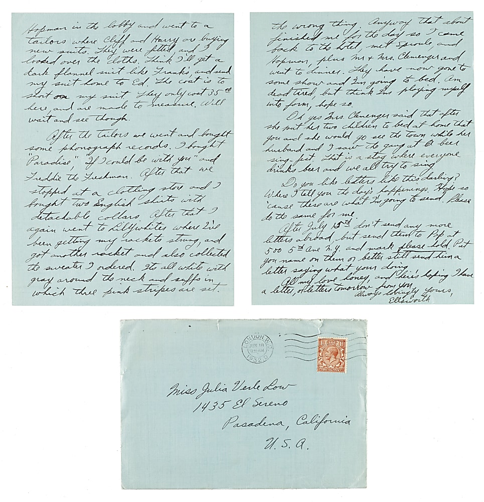 June 17, 1932 Ellsworth Vines Handwritten and Signed Letter to Girlfriend - Wimbledon Winning Year!