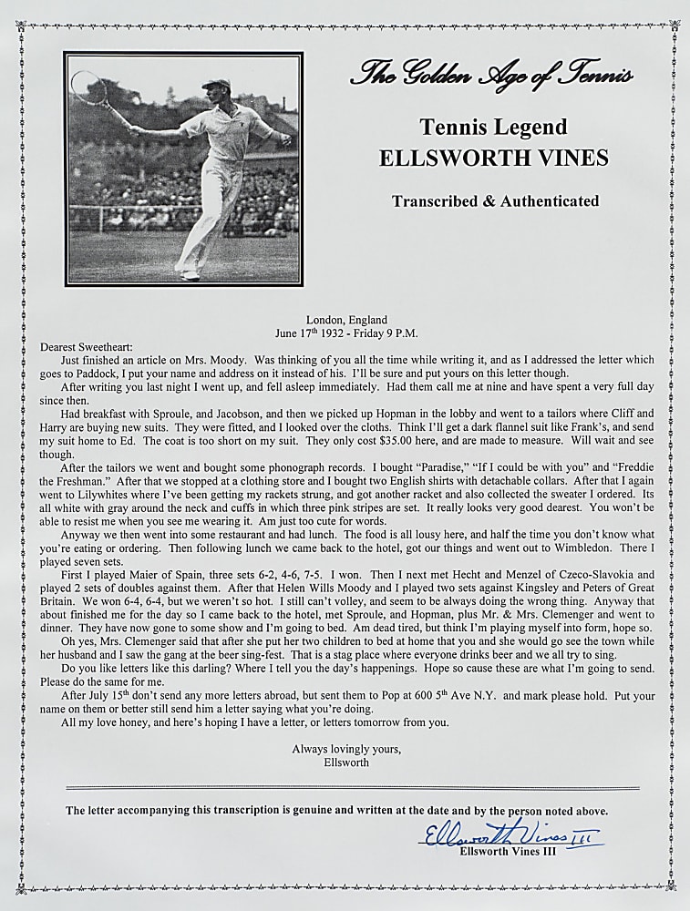 June 17, 1932 Ellsworth Vines Handwritten and Signed Letter to Girlfriend - Wimbledon Winning Year!