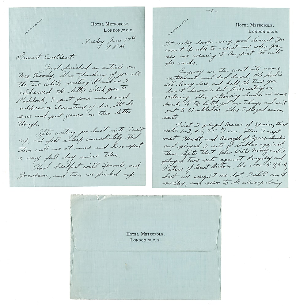 June 17, 1932 Ellsworth Vines Handwritten and Signed Letter to Girlfriend - Wimbledon Winning Year!