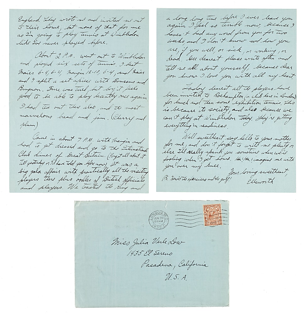 June 19, 1932 Ellsworth Vines Handwritten and Signed Letter to Girlfriend - Wimbledon Winning Year!