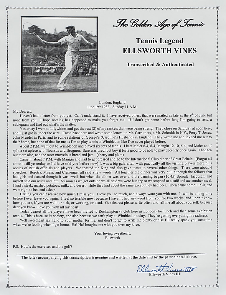 June 19, 1932 Ellsworth Vines Handwritten and Signed Letter to Girlfriend - Wimbledon Winning Year!
