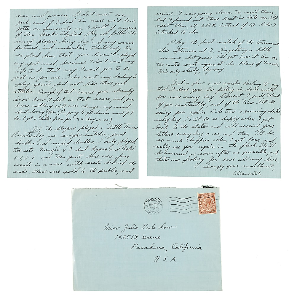 June 20, 1932 Ellsworth Vines Handwritten and Signed Letter to Girlfriend - Wimbledon Winning Year - Date of First Match!