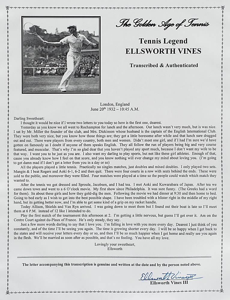 June 20, 1932 Ellsworth Vines Handwritten and Signed Letter to Girlfriend - Wimbledon Winning Year - Date of First Match!
