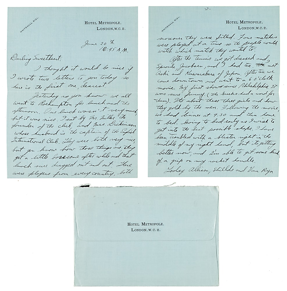 June 20, 1932 Ellsworth Vines Handwritten and Signed Letter to Girlfriend - Wimbledon Winning Year - Date of First Match!